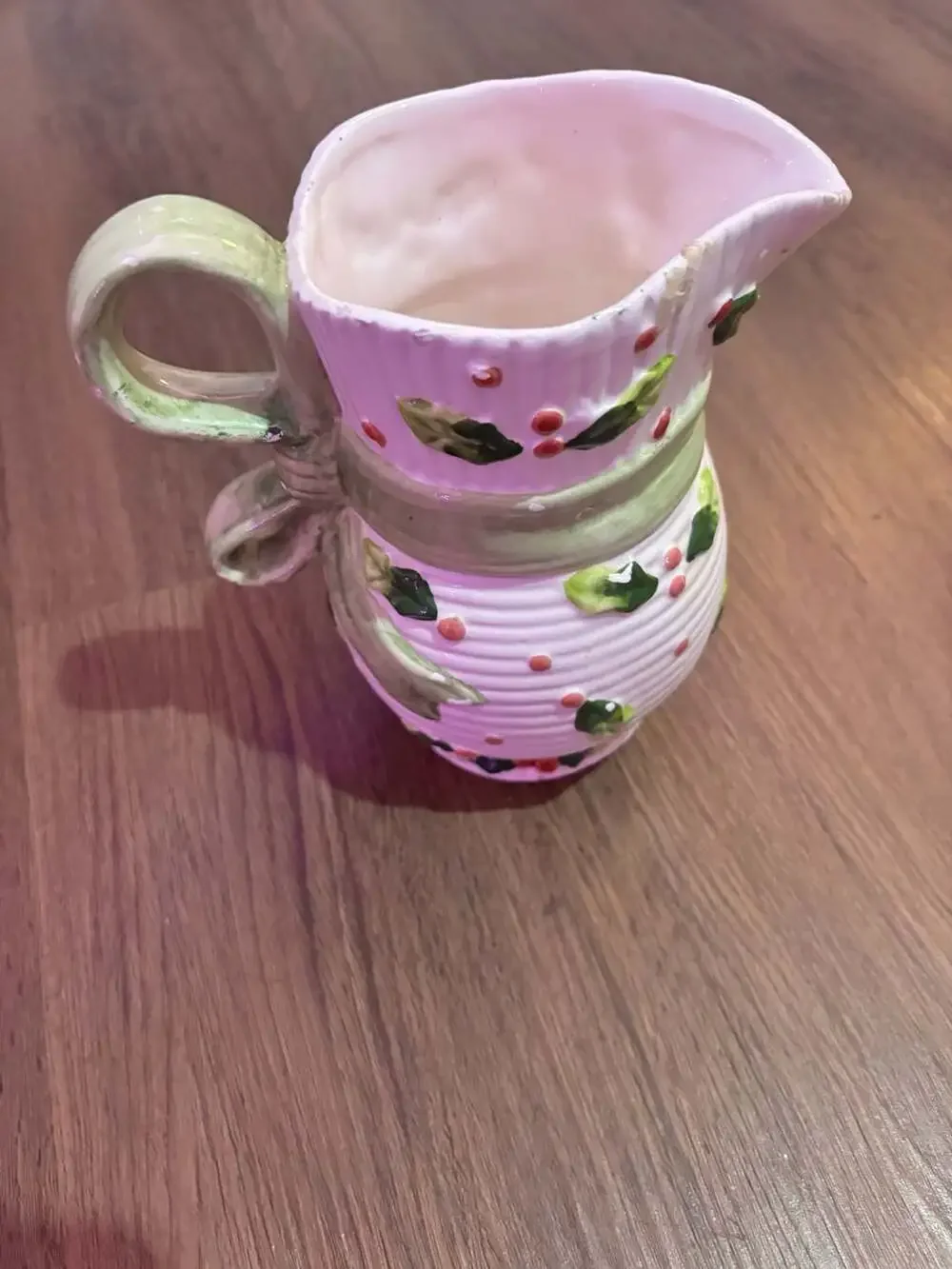 Vintage Ceramic Christmas Holly Berry Pitcher Creamer with Ribbon Handle